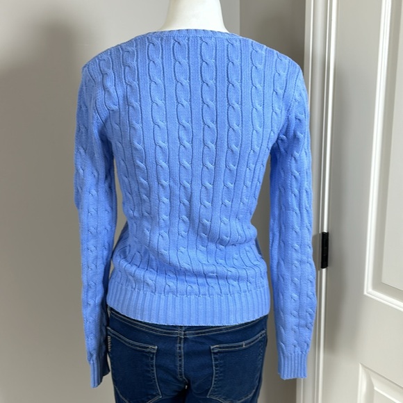 Ralph Lauren Sport Cable Knit Sweater Blue Vneck Pink Embroidered Pony Sz M - Picture 4 of 9